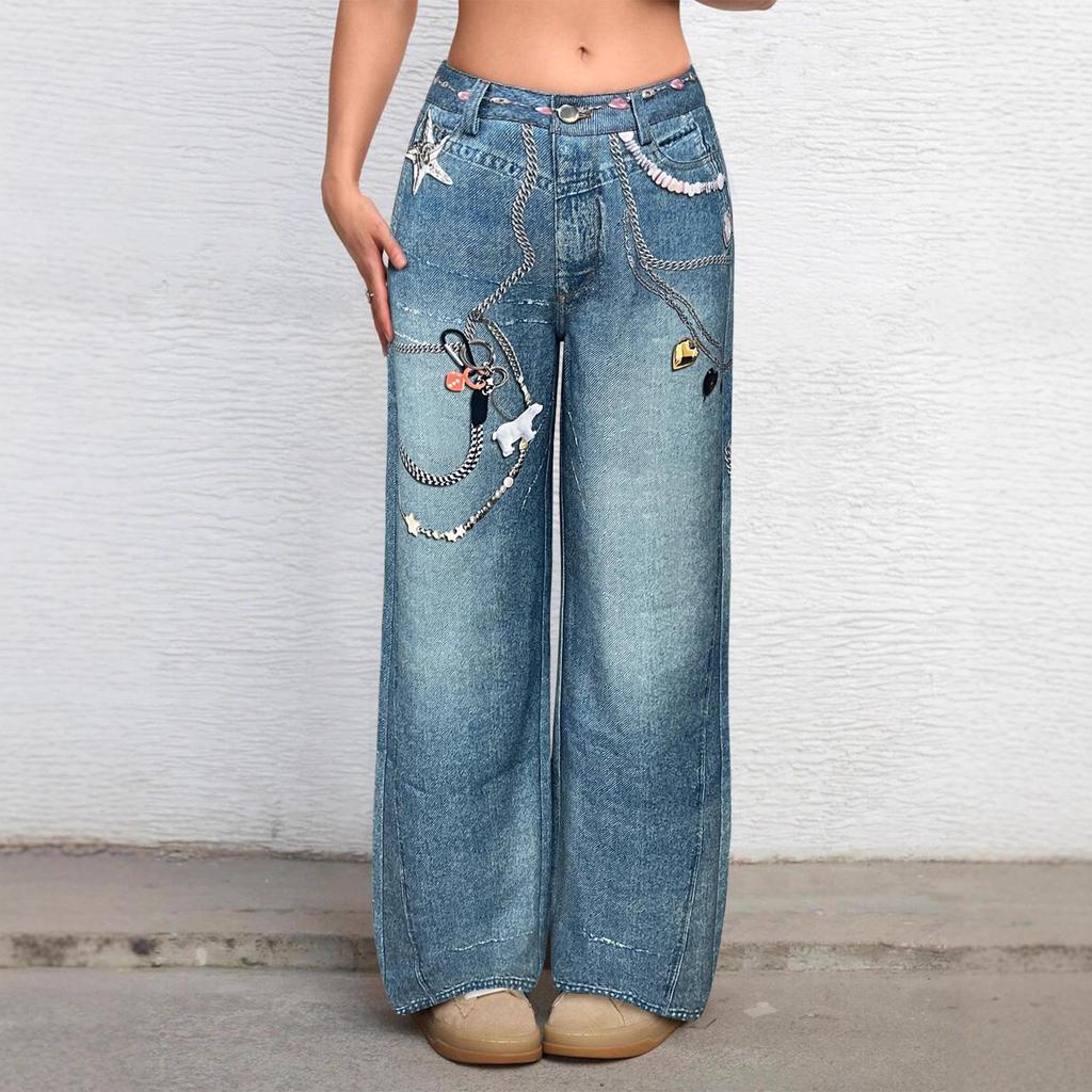 Women's Summer Loose Wide-Leg Jeans with Chain Detail N012