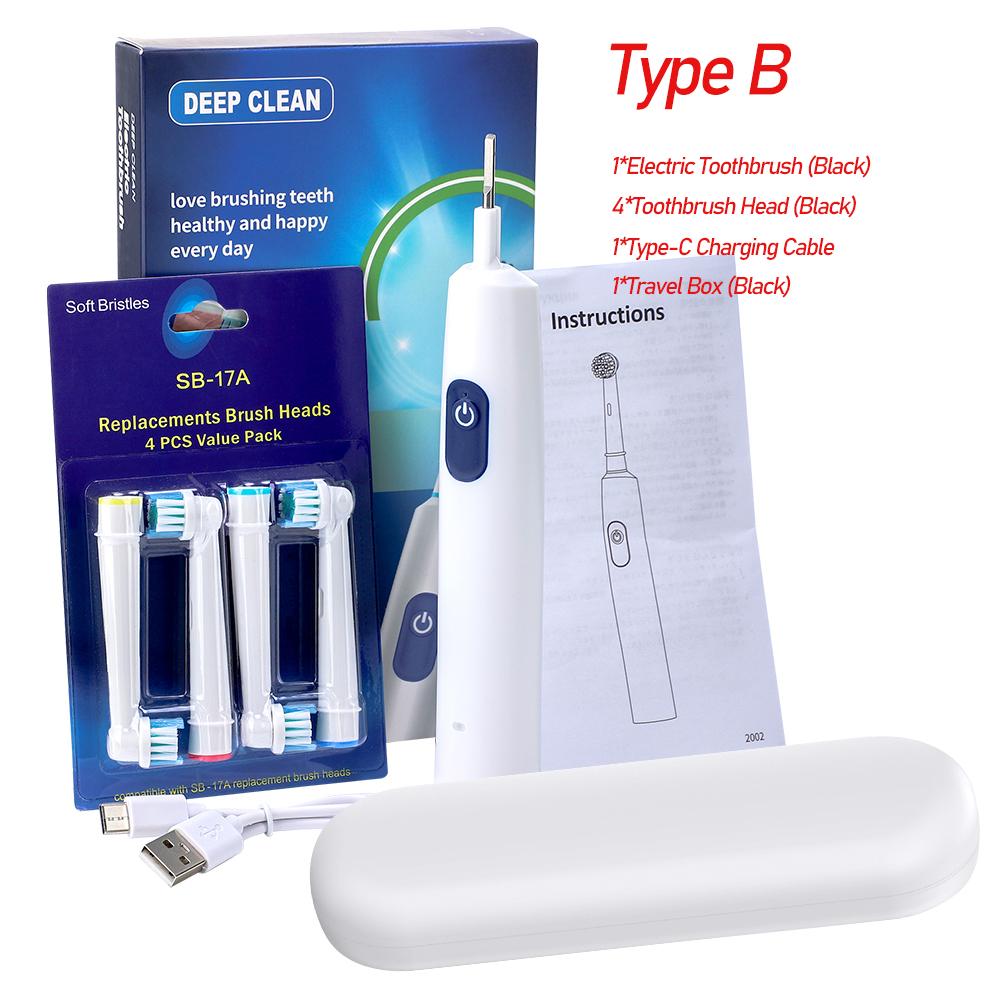 Звуковая электрическая зубная щетка Перезаряжаемая Роторная Водонепроницаемая Умный таймер Взрослая Чистка зубов 4 шт. Сменные насадки с коробкой