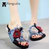 Fashion Lace Flower Summer Cool Slides Girls Sweet Camellia Fringe 4 Colors Denim Slippers Woman Bling Bling Cozy Slip On Shoes Mujer