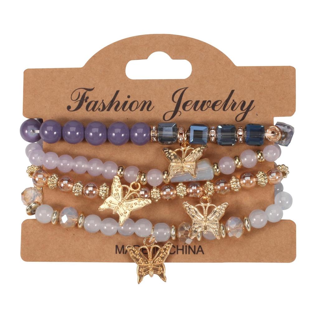Handmade Bohemian Butterfly Layered Bracelet Set: 4-Piece Beaded Crystal Rhinestone Design