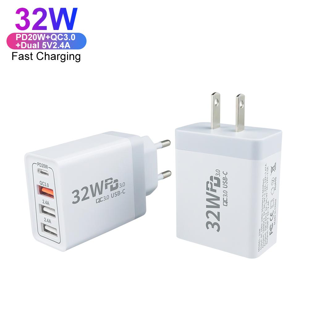 Зарядное устройство 4 порта EU US Plug PD QC3.0 20W Зарядное устройство Type C USB C Быстрое зарядное устройство Type-C Адаптер быстрой зарядки для Apple IPhone Android