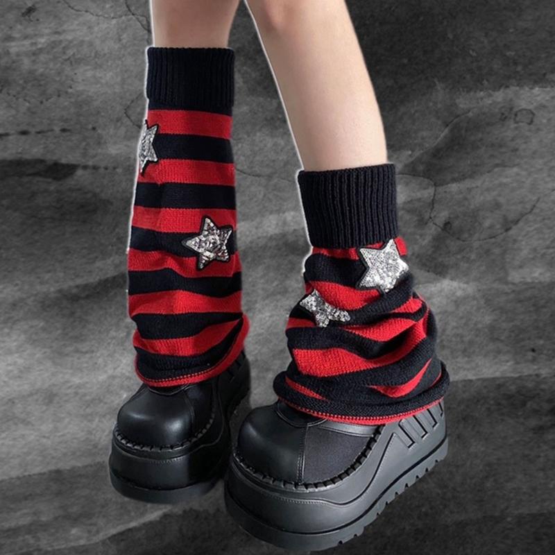 Harajuku Women Autumn Leg Warmers Socks Japanese Gothic Striped Sequins Stars Knitted Long Socks Punk Baggy Foot Covers