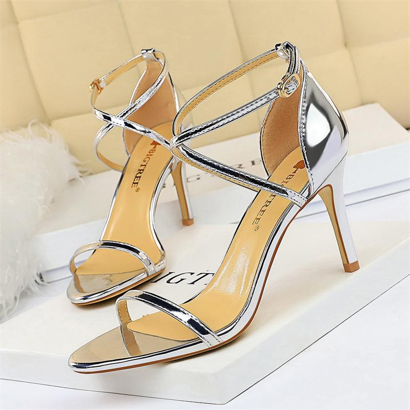 Fashion Women Thin High Heels Summer Champagne Gold Open Toe Buckle Strap Sandals Roman Pumps Gladiators Hollow Cross Strap Sandals
