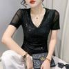 Summer New Fashion Sequin V-neck T-shirt for Women Short-sleeved Sexy Mesh Top Slim and Half-sleeved