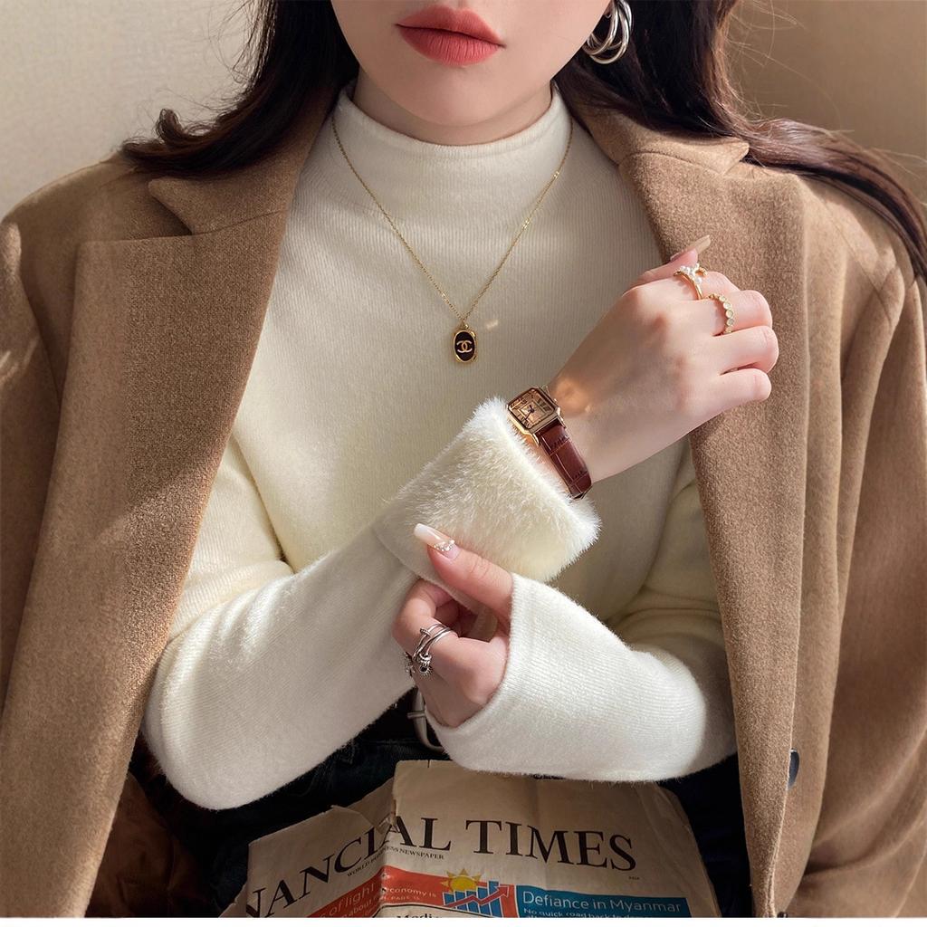 Yellow Semi-turtleneck Sweater Women's Autumn and Winter New Fleece Thickened Inner Integrated Fleece High-end Bottoming Top