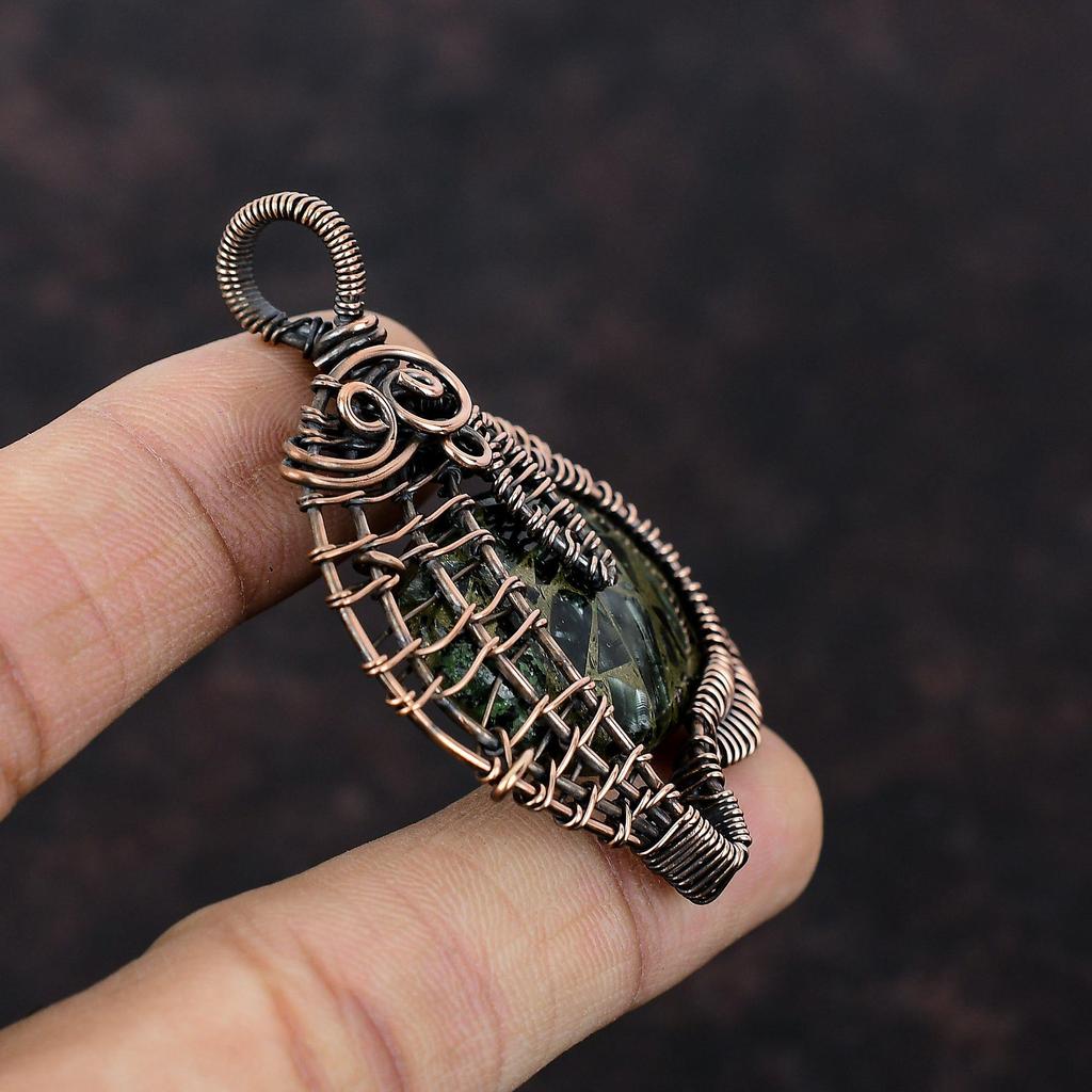 Медный кулон серафинит, медная проволочная обертка, кулон ручной работы, уникальная проволочная обертка, ювелирное изделие, кулон для подарка, драгоценный камень, медные украшения