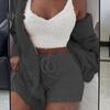 3 Pcs/Set Fall Winter Women Coat Vest Shorts Set Thick Plush Homewear Clothes Sleepwear Hooded Long Sleeves Open Stitch Warm Jacket Drawstring