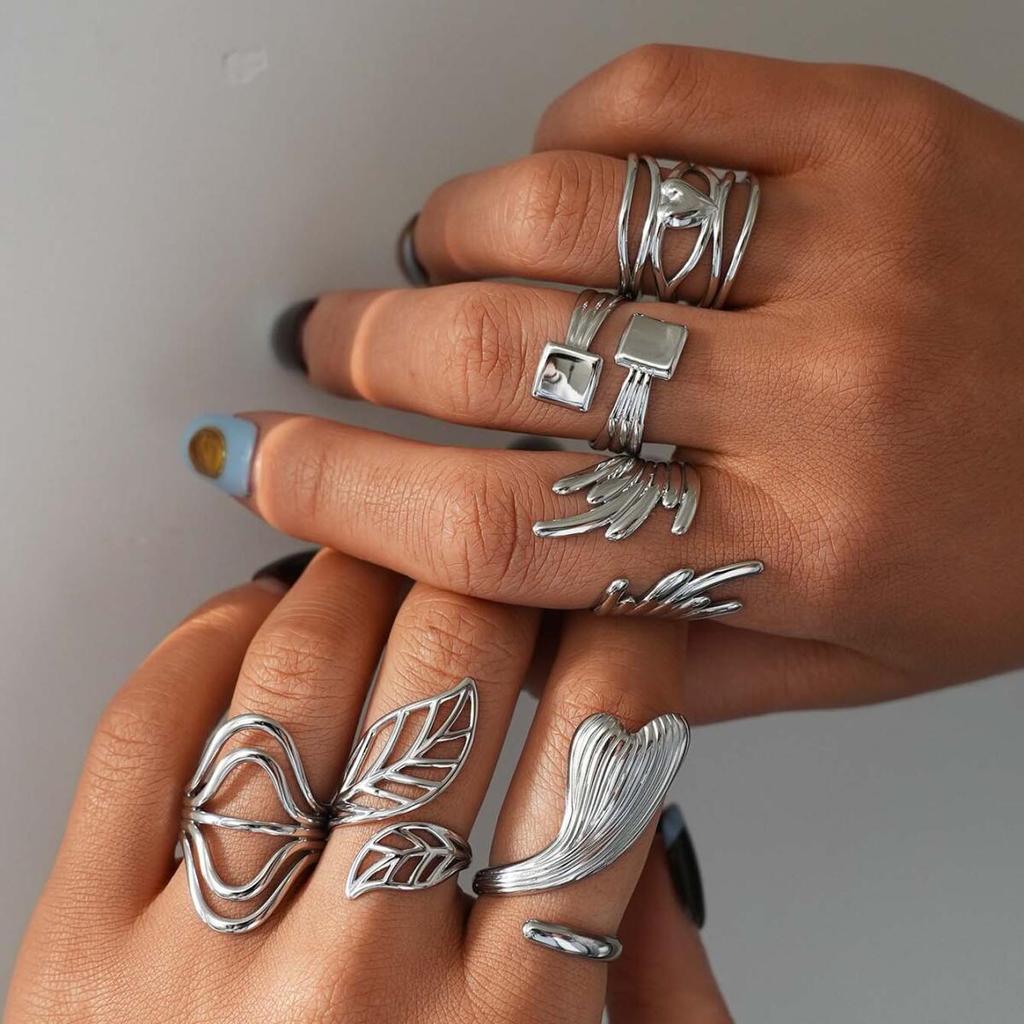 Silver Color Stainless Steel Rings for Women Men Vintage Heart Shaped Leaf Wings Flower Open Rings Waterproof Jewelry Wholesale