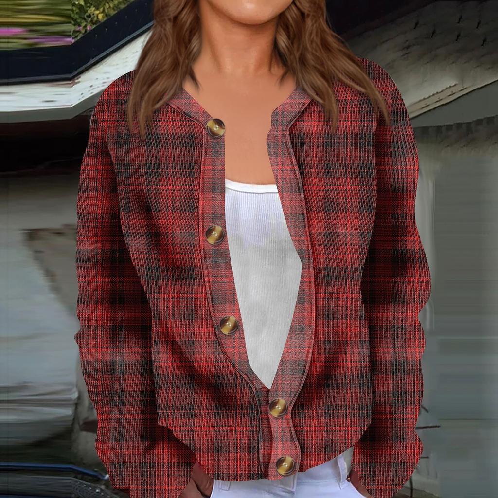 Fashion Women's Plaid Print Long Sleeve Knitted Cardigan Button Jacket