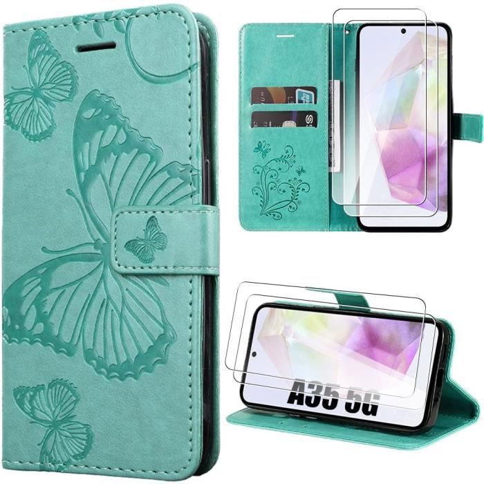 Coque de protection - BOOLING - pour Samsung Galaxy A35 5G - Vert - Papillon stylisé - Effet Cuir - avec 2 Verres Trempés