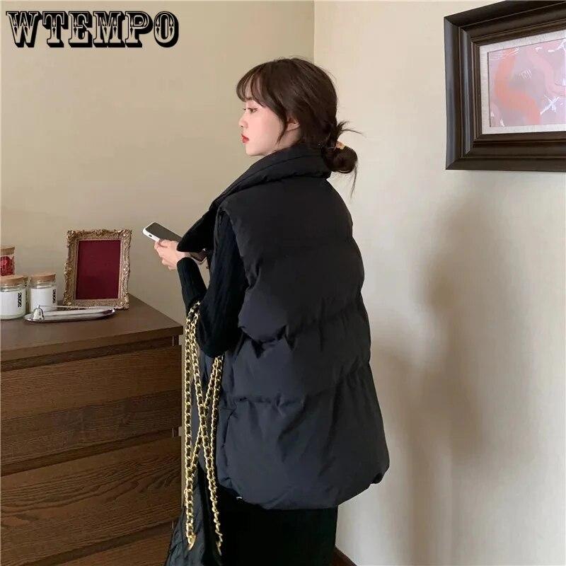 Черный утолщенный теплый жилет, женский пуховый хлопковый пальто, кардиган на молнии, повседневный свободный воротник-стойка, Harajuku, офисная леди, новая мода