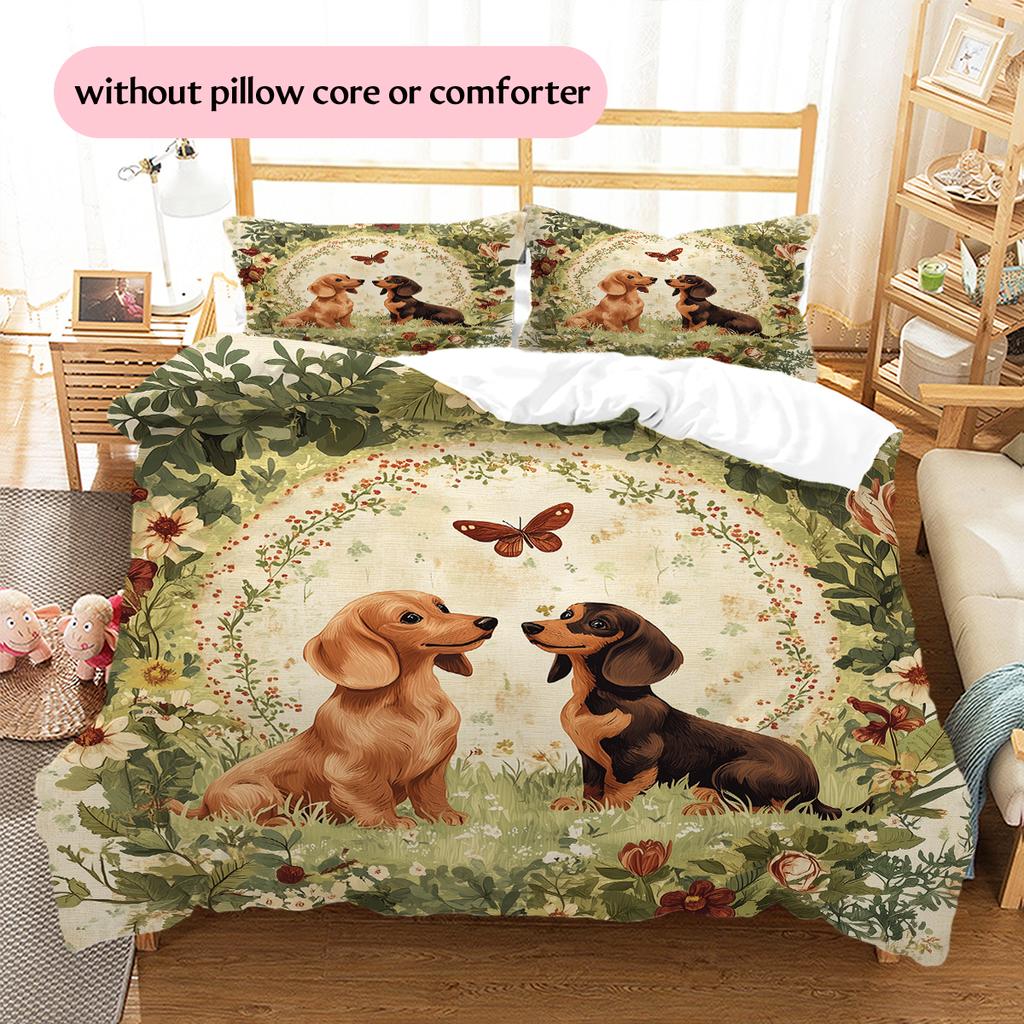 Dachshund and Grassland Pattern Bedding Home Decoration Birthday Gift (1 * duvet cover + 2 * pillowcase, without core)