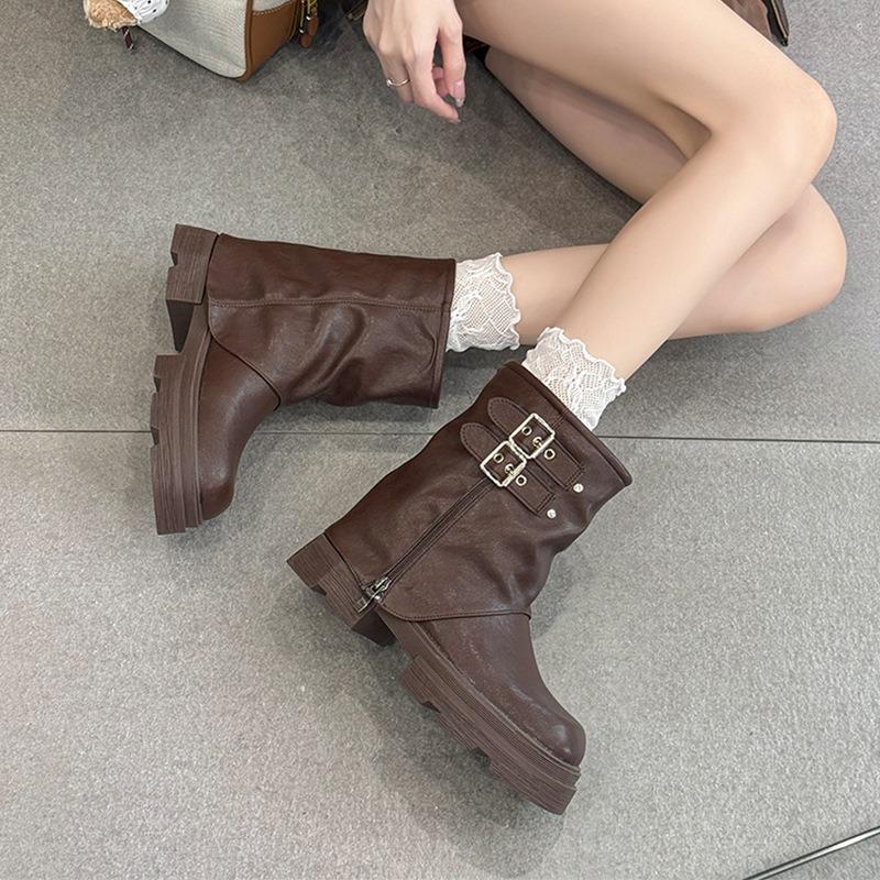 Версия из коровьей кожи~ Новые маленькие ботинки на круглой подошве, увеличивающие рост, женские ботильоны, короткие ботинки Мартин, женские ботинки на толстой подошве, ботинки рыцаря