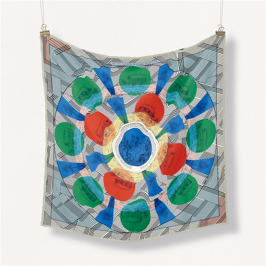 Twill Silk Scarf Woman Circle Painting Square Scarves Wraps Bandana Small Hijab Silk Foulards Tie Headband Neckerchief 53CM