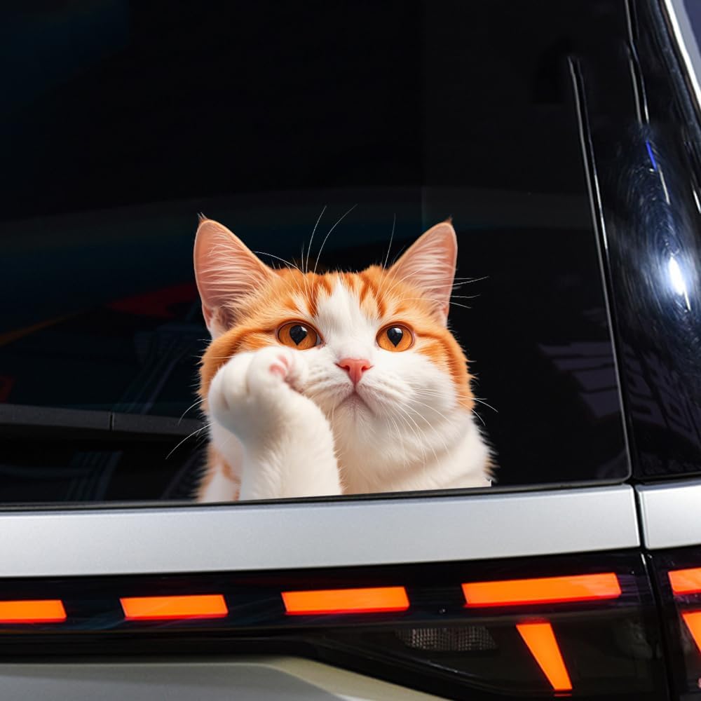 Cat Car Window Decals Funny 3D Waterproof Decals,Orange Cat Stickers,PVC Realistic Automotive Sticker, for Refrigerator,Toilet, Wall.Bathroom,1pcs