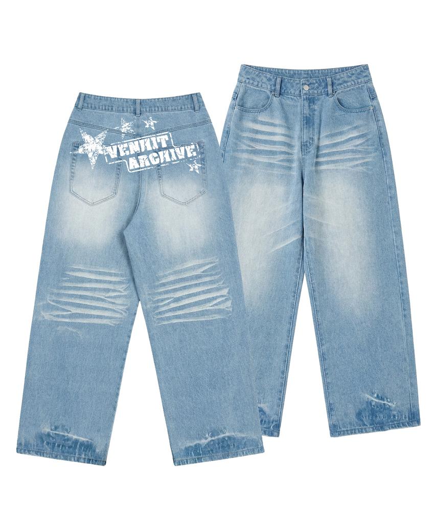VENHIT Back Hand Printing Wide Denim Pants