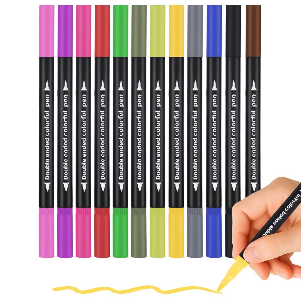 Color Pen Set with Water Double Brush Suitable for Adults and Art Painting 12-Color Brush, Head, Pen, Color, Kids, Illustration, Doodle,