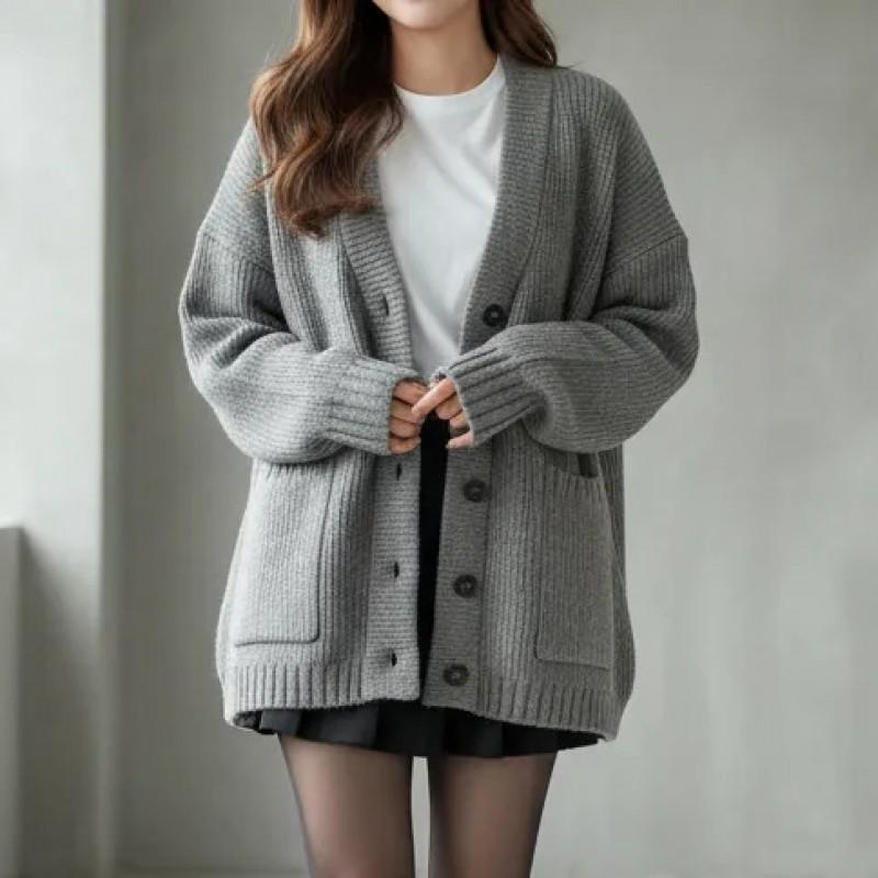 2026 Womens Knit Cardigan Loose Fit Single Breasted V Neck Long Sleeve Casual Sweater Fall