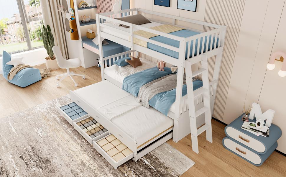 =(WX000121AAK)Bunk Bed 90x200cm, House Bed, Frame of Pine Wood and MDF with Ladder and Pull-Out Bed and 3 Drawers, Without Mattress, White