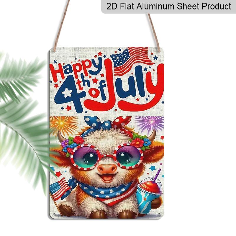 2D Flat 1pc Patriotic Metal Sign, Aluminium Metal Wall Decor, Cute Cow with American Flag Fashion Glasses & Fireworks Design | 12x8 Inch Outdoor