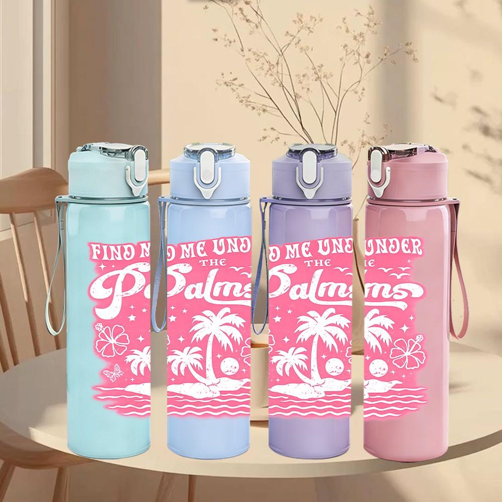 1PC Think Outside The Palms Retro Print 750ml Color Plastic Sports Water Bottle Leakproof Flip Straw Lid Suitable for Sports Office Home Use