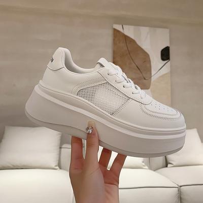 Настоящая мягкая кожа маленькие белые туфли для женской осени новые круглый носок шнуровка маффин толстая подошва для увеличения роста повседневные универсальные женщины