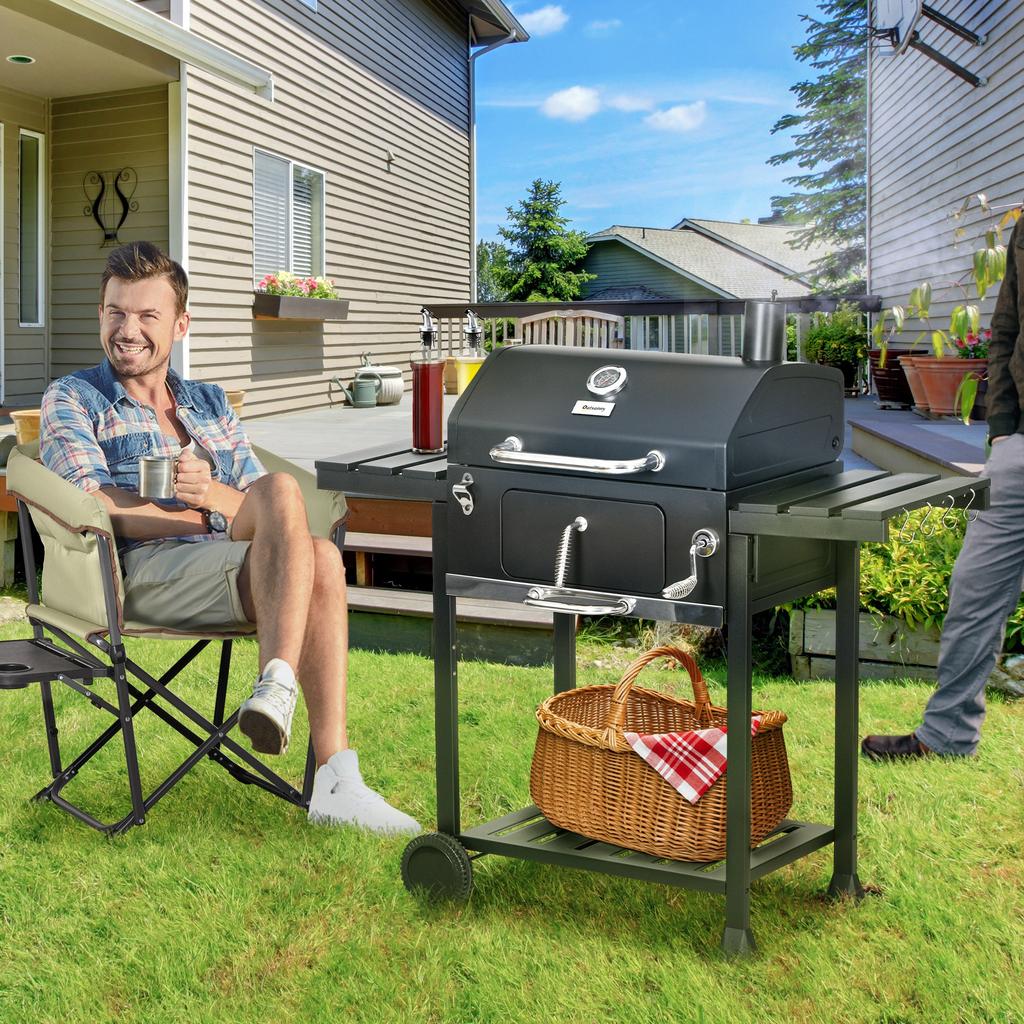 Adjustable Charcoal Pan BBQ, with Thermometer and Warming Rack