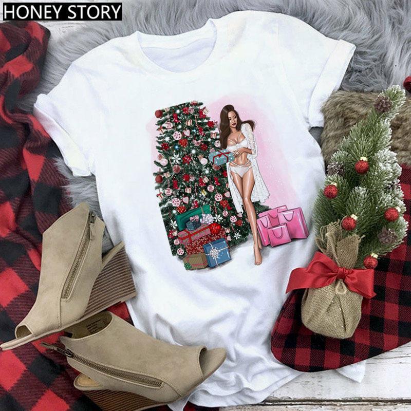 Kawaii Cartoon Merry Christmas Tree Graphics Women T-Shirts 90S Summer Short Sleeves Loose Round Neck Female Y2K Tops