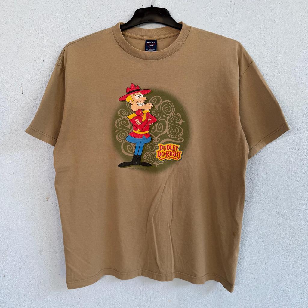 Vintage 90s Dudley Do-Right Tan T-Shirt – Classic Jay Ward Cartoon Character Graphic Tee with Swirl Psychedelic Background