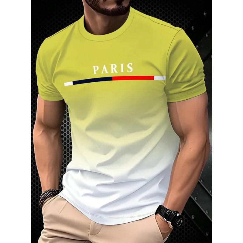 Летняя мужская футболка с градиентным принтом 3D букв Paris для занятий спортом на открытом воздухе, быстросохнущий топ с коротким рукавом, мужская одежда больших размеров