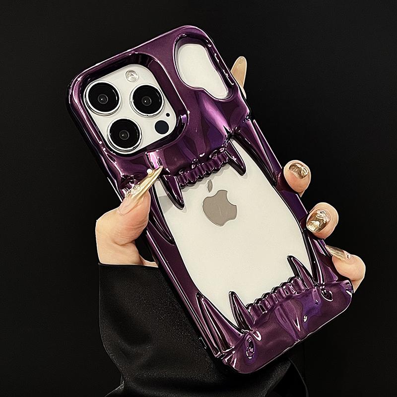 3D Tiger Tooth Hollow Dissipate Heat Phone Case For iPhone 17 16 15 Plus 14 13 12 11 Pro Max 16e Metal Purple Soft Cover