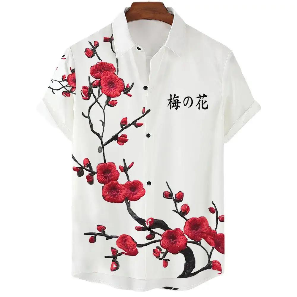 Japanese Aesthetic Cherry Blossom Print Men's Shirt Fashionable Luxury Lapel Button-down Shirt Casual Short-sleeved Tops