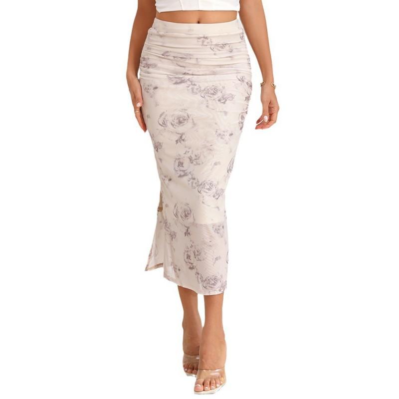Womens Sexy Mesh Printed Bodycon Midi Skirt Split Hem Elegant Commute Style