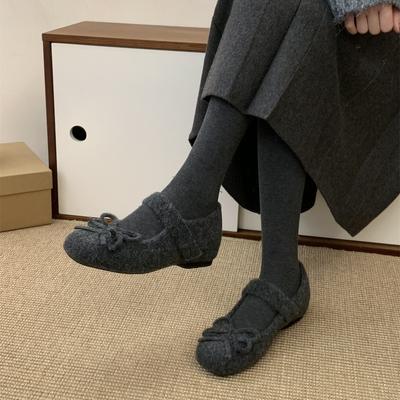 Увеличение внутренней высоты на 4 см~ Пушистые туфли Мэри Джейн для женщин на зиму, новые серые шерстяные одинарные туфли для женщин, бархатные хлопковые туфли на толстой подошве