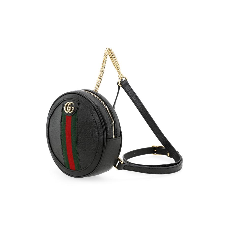Gucci Ophidia Black Leather Round Backpack, Web Stripe Chain Detail, Women's Mini Crossbody Bag for Daily Shopping Travel598661-DJ2DG-1060