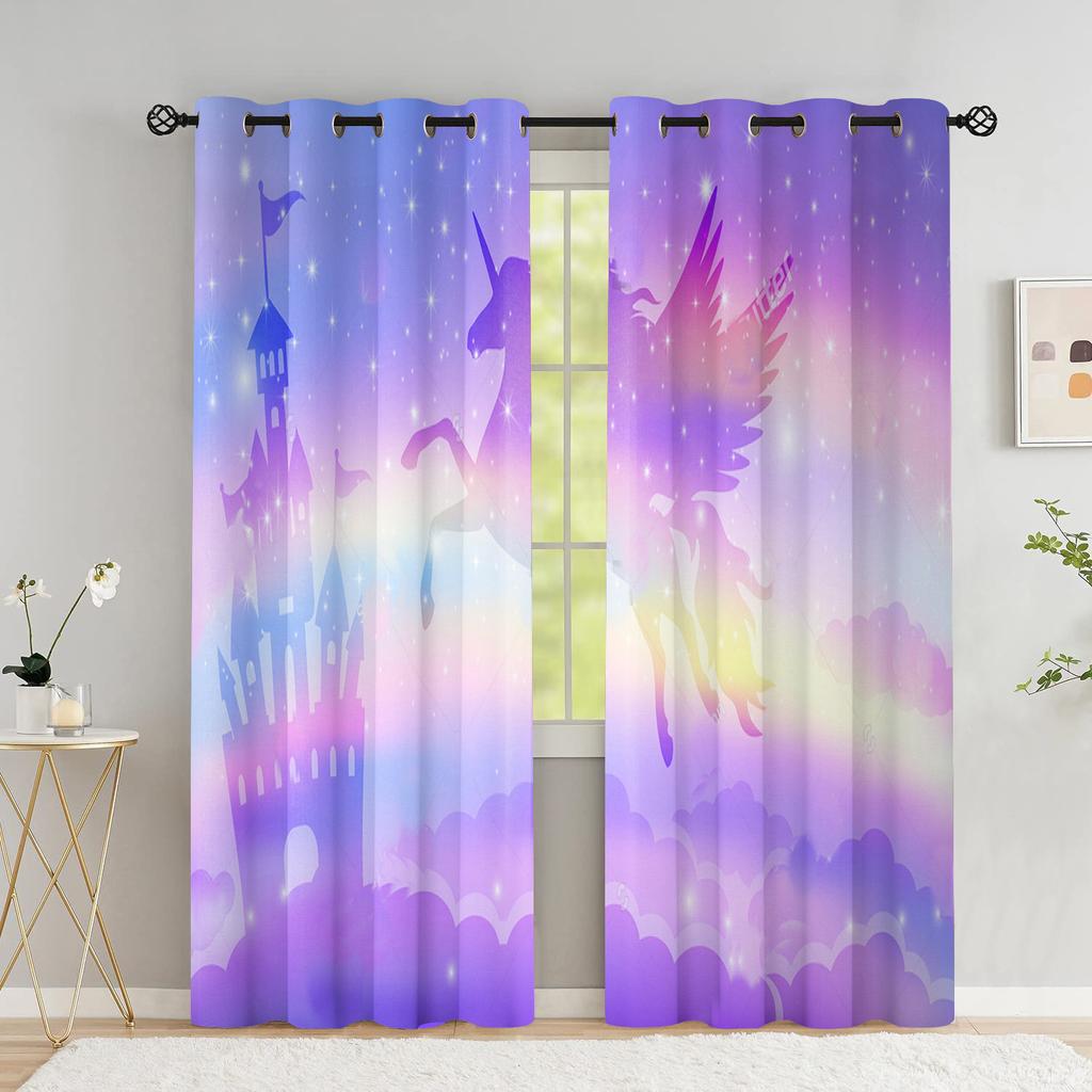 Шторы с летающим единорогом для гостиной, волшебный замок, детская комната, шторы для мальчика, радужное небо со звездами, оконная занавеска с высоким затенением