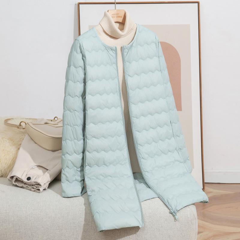 Light down jacket women's autumn and winter new down fashion collarless wavy medium and long zipper warm jacket
