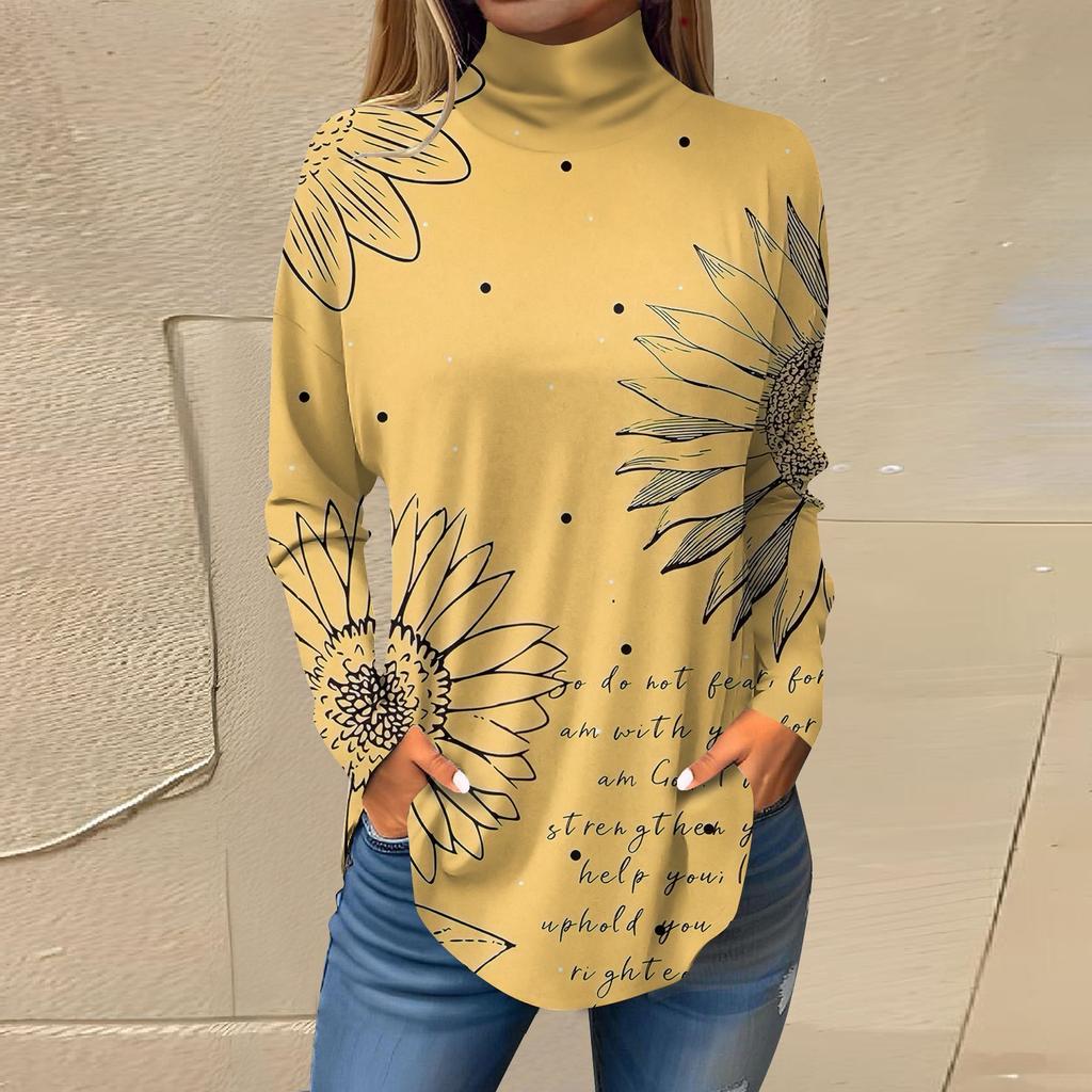Женская модная повседневная футболка с длинным рукавом с высоким воротом и принтом, пуловер, топ