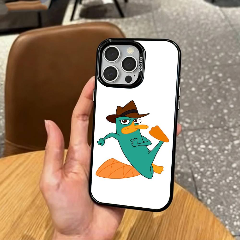 cute Cartoon P-Perry The P-Platypus Phone Case For iPhone17,16,15,14,13,12,11 Plus,Pro Max Colored Silver Plated Inside Cover