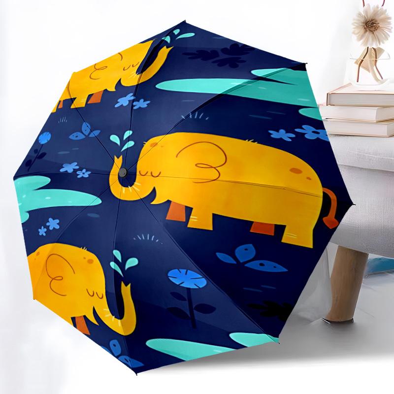 1pc Elephants, Pond Automatic Folding Umbrella - Compact 8-Rib Design, Durable Plastic & Iron, Lightweight for Outdoor Daily Use011
