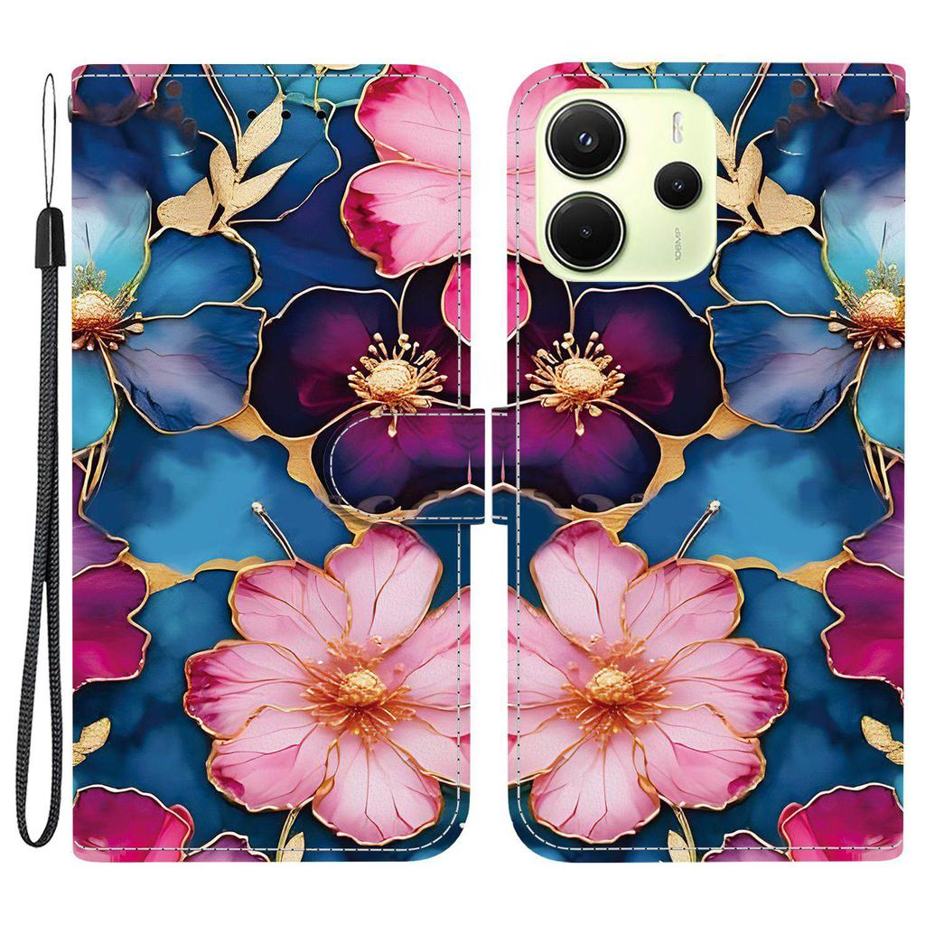 Для Xiaomi Redmi Note 14 4G (164,84мм) Кожаный чехол-кошелек с принтом, подставка, чехол для телефона с ремешком