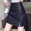 Women's Petite Black PU Leather A-Line Mini Skirt - Autumn/Winter Wrap Hip Style