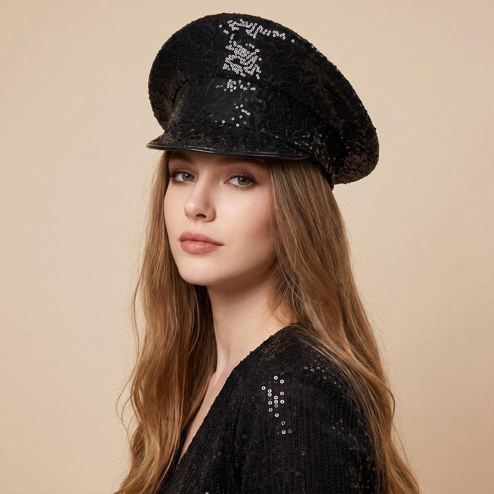 Shiny Sequin Flat Top Hat Y2k Military Hats Punk Captain Cap Cosplay Show