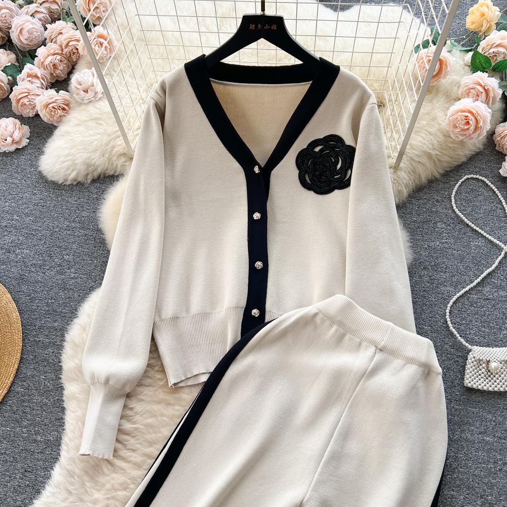 Высококачественный повседневный вязаный модный комплект знаменитостей для женщин, осенне-зимняя рубашка со свободными рукавами + драпированные брюки с высокой талией из двух предметов