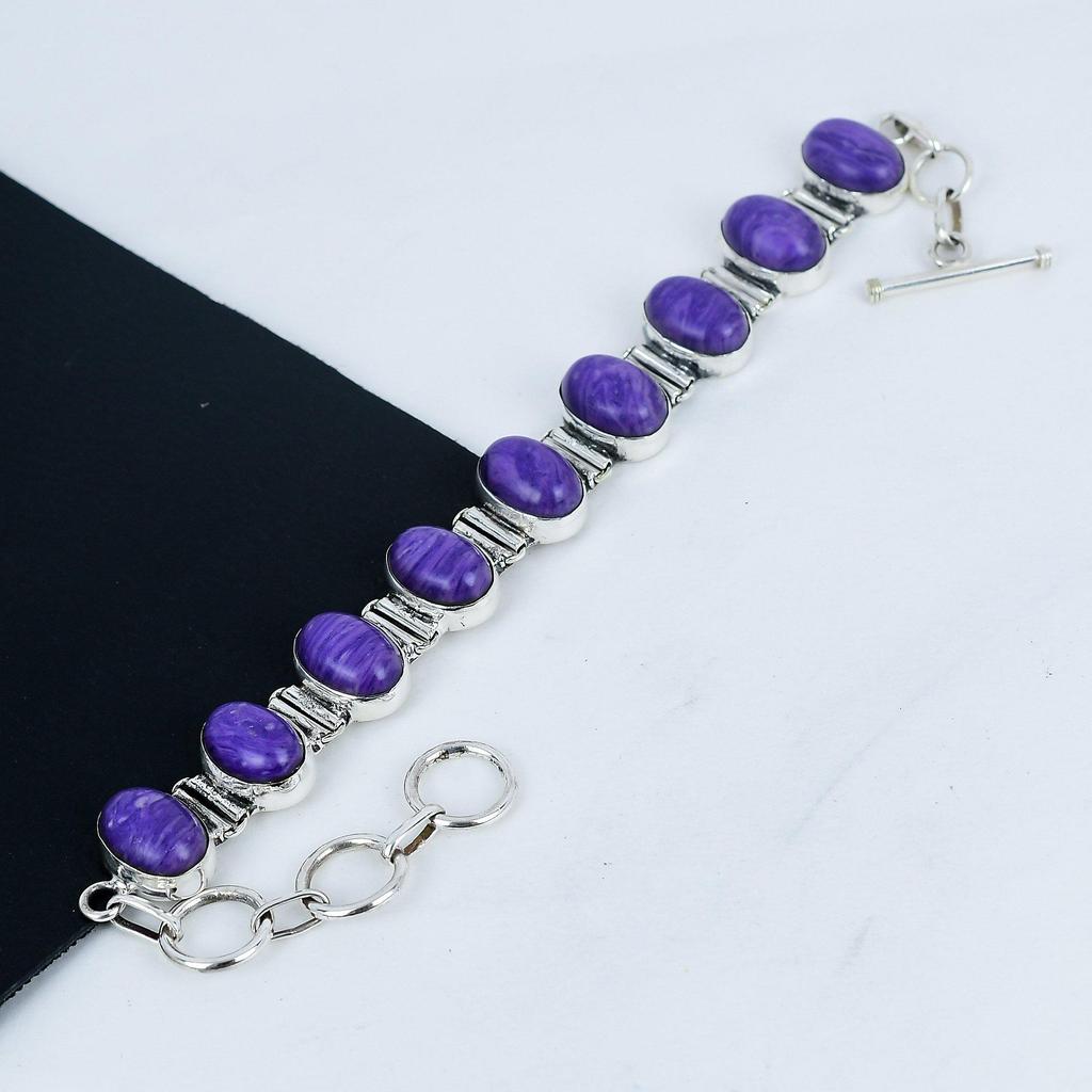 Браслет из натурального драгоценного камня чароит ручной работы из стерлингового серебра 925 пробы, браслет из чароита для жены, браслет унисекс, подарок на День отца