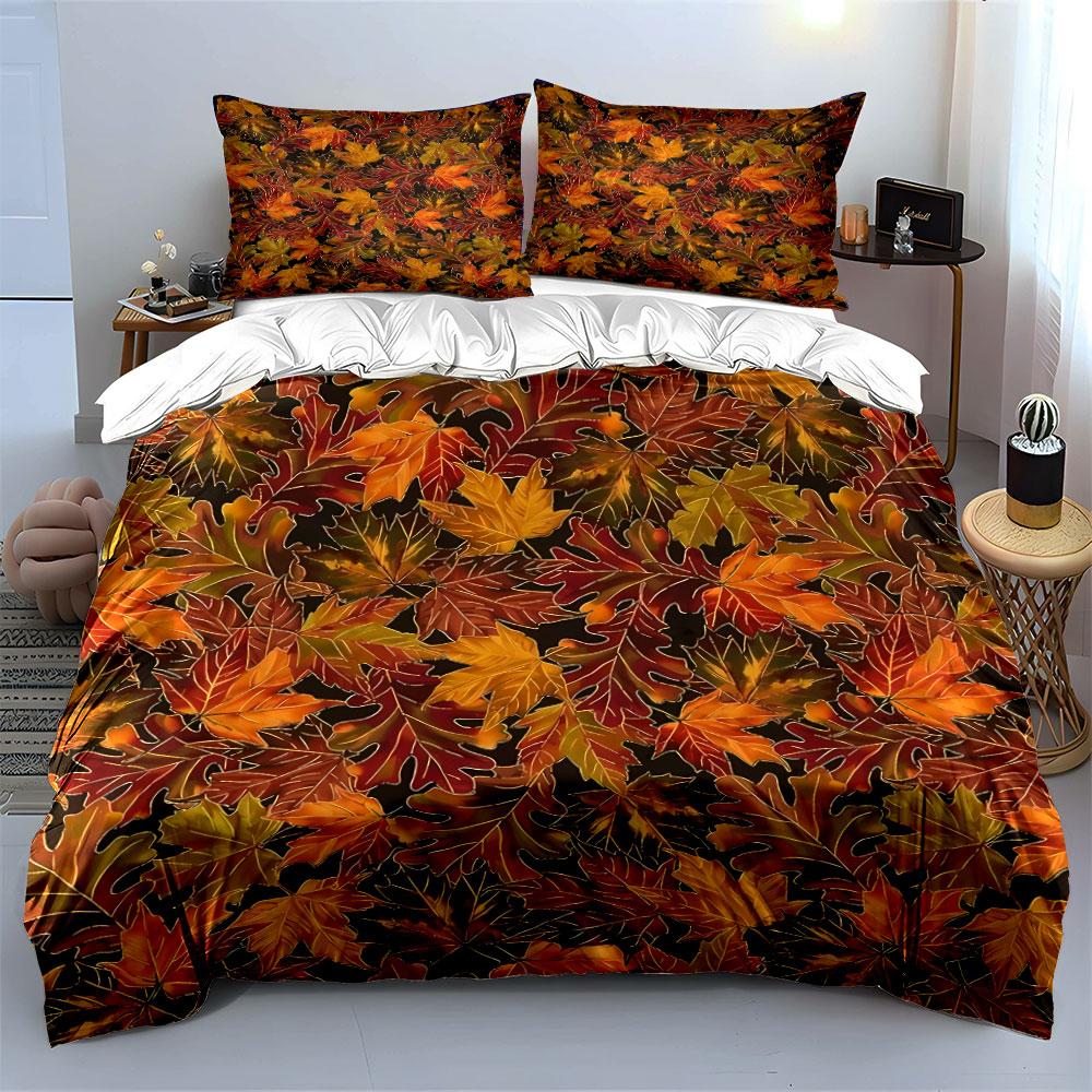 Autumn Leaves Pattern Bedding Set kid's and adults' bedroom decor, Exquisite three-piece bedding set gift