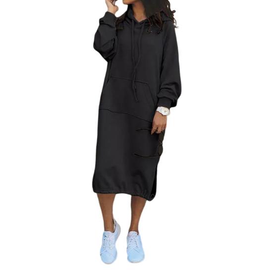 Платье Yousheng Women Fall Spring Dress с регулируемым подолом, завязками на шнурке, капюшоном, разрезом, накладным карманом, свободное однотонное платье миди с длинными рукавами, плотное платье