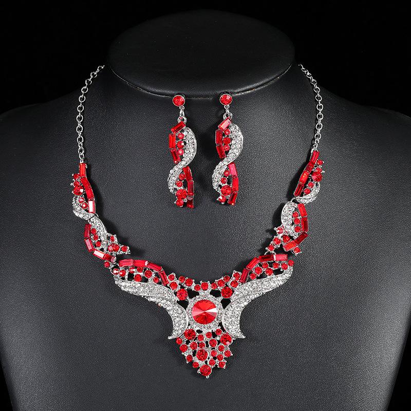 Retro Crystal Contrast Color Jewelry Set Pattern Necklace Earrings 2Pcs Trendy Fashion Accessories For Women Daily Party Gift