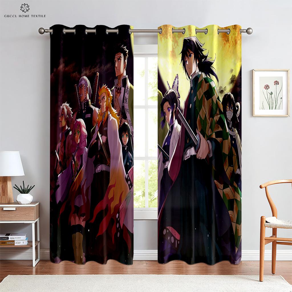 Hot-Blooded Anime Cartoon Printed Curtains, 100% Polyester, Rod Pocket Curtains, Kitchen, Living Room, Children's Room, 2 Pcs