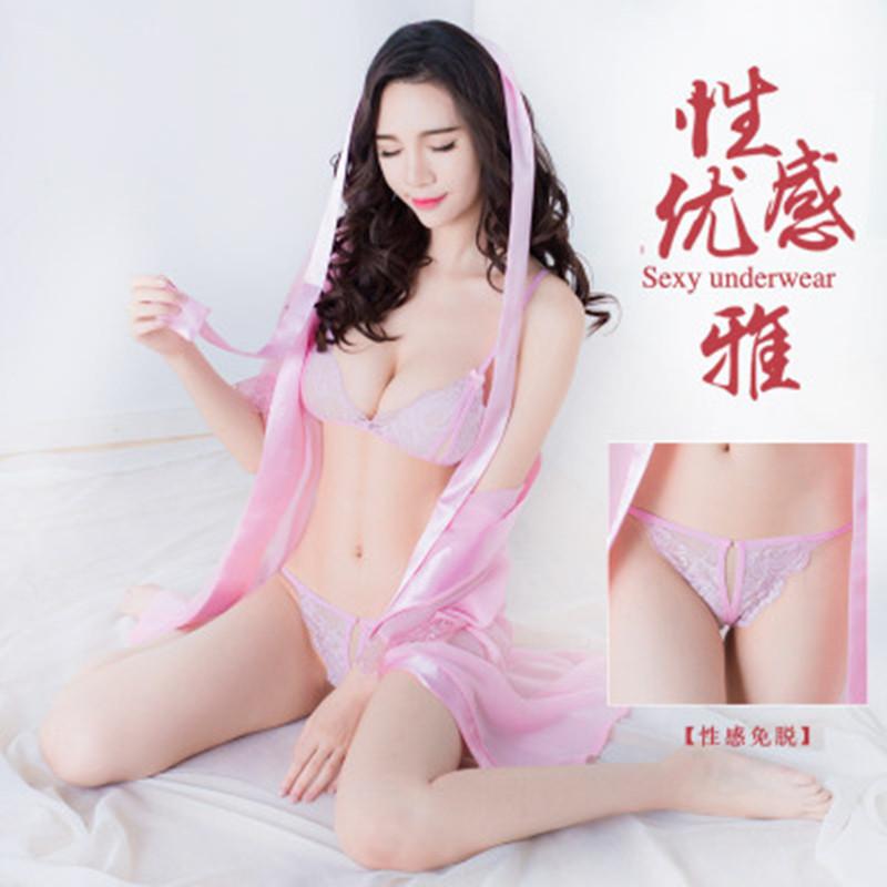 New sexy underwear three-piece set, suspender, perspective mesh lace nightdress three-point bathrobe jacket set